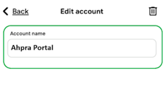 Screenshot of Google Authenticator app displaying editable Account name field renamed to Ahpra Portal