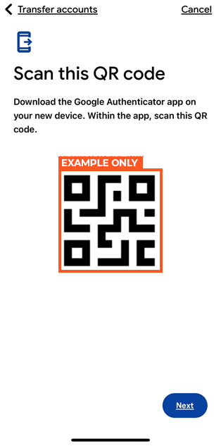 Screenshot of the Transfer account QR code in the Google Authenticator app on your old device
