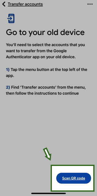 Screenshot of the Scan QR code option in the Google Authenticator app from your new device