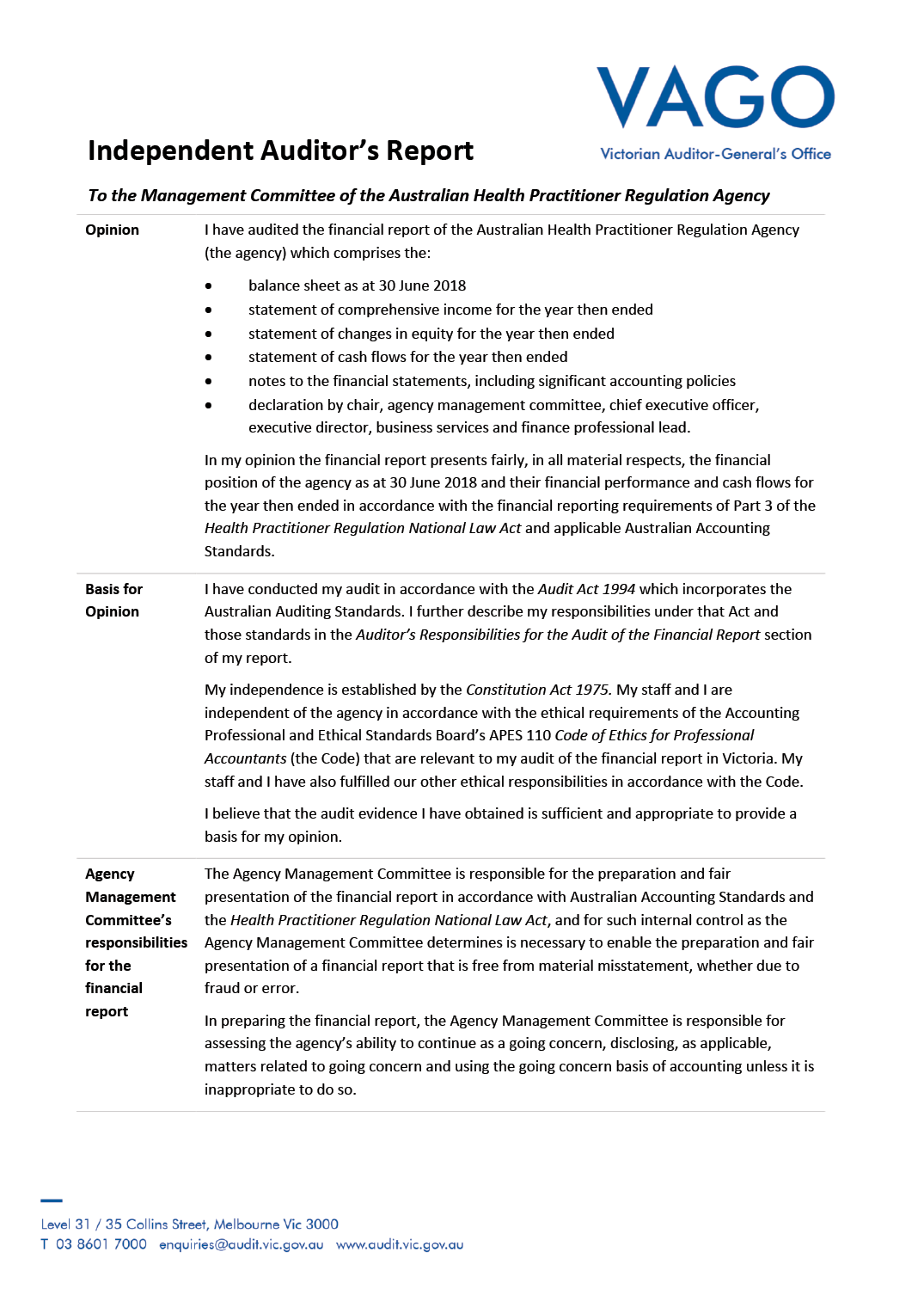 Independent Auditor's Report
To the Management Committee of the Australian Health Practitioner Regulation Agency
Opinion
I have audited the financial report of the Australian Health Practitioner Regulation Agency (the agency) which comprises the:
balance sheet as at 30 June 2018
statement of comprehensive income for the year then ended
statement of changes in equity for the year then ended
statement of cash flows for the year then ended
notes to the financial statements, including significant accounting policies
declaration by chair, agency management committee, chief executive officer, executive director, business services and finance professional lead.
In my opinion the financial report presents fairly, in all material respects, the financial position of the agency as at 30 June 2018 and their financial performance and cash flows for the year then ended in accordance with the financial reporting requirements of Part 3 of the Health Practitioner Regulation National Law Act and applicable Australian Accounting Standards.
Basis for Opinion
I have conducted my audit in accordance with the Audit Act 1994 which incorporates the Australian Auditing Standards. I further describe my responsibilities under that Act and those standards in the Auditor's Responsibilities for the Audit of the Financial Report section of my report.
My independence is established by the Constitution Act 1975. My staff and I are independent of the agency in accordance with the ethical requirements of the Accounting Professional and Ethical Standards Board's APES 110 Code of Ethics for Professional Accountants (the Code) that are relevant to my audit of the financial report in Victoria. My staff and I have also fulfilled our other ethical responsibilities in accordance with the Code.
I believe that the audit evidence I have obtained is sufficient and appropriate to provide a basis for my opinion.
Agency Management Committee's responsibilities for the financial report
The Agency Management Committee is responsible for the preparation and fair presentation of the financial report in accordance with Australian Accounting Standards and the Health Practitioner Regulation National Law Act, and for such internal control as the Agency Management Committee determines is necessary to enable the preparation and fair presentation of a financial report that is free from material misstatement, whether due to fraud or error.
In preparing the financial report, the Agency Management Committee is responsible for assessing the agency's ability to continue as a going concern, disclosing, as applicable, matters related to going concern and using the going concern basis of accounting unless it is inappropriate to do so.