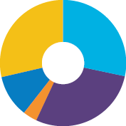 Pie chart showing percentage of appeals AHPRA managed in 2017-18 by topic. Light blue: 28.6%. Purple: 28.6%. Orange: 3.6%. Blue: 10.7%. Yellow: 28.6%.